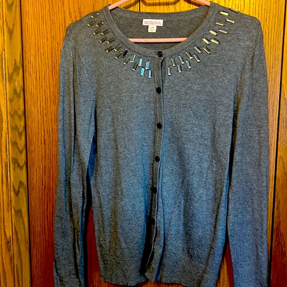 Gray Cardigan Sweater with glass beads.